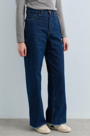 Bol Paça Yüksek Bel Kot Denim Pantolon - İndigo