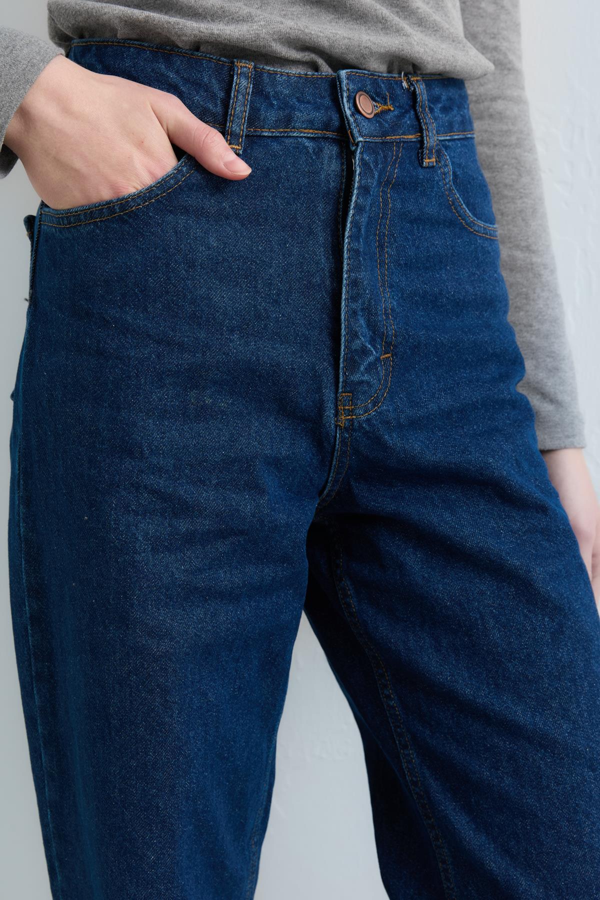 Bol Paça Yüksek Bel Kot Denim Pantolon - İndigo
