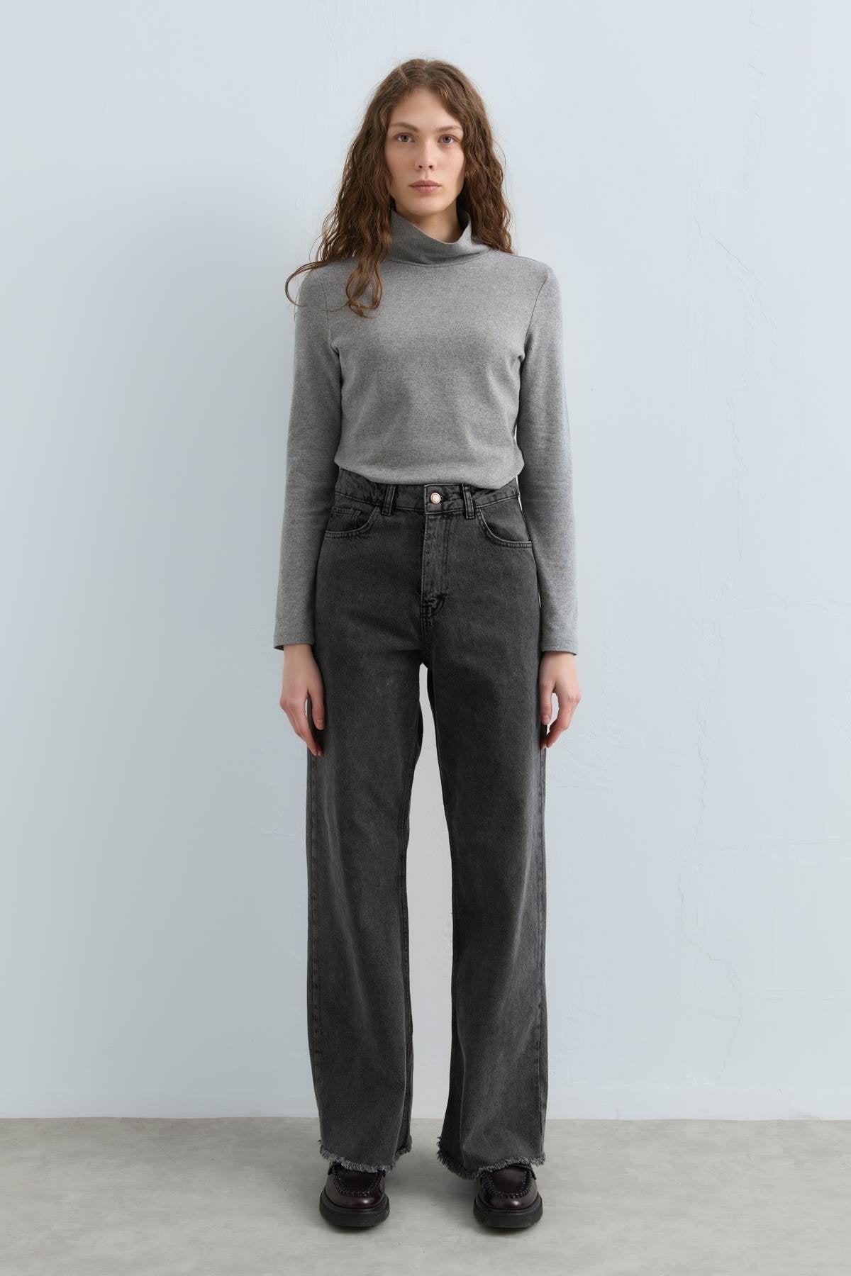 Bol Paça Yüksek Bel Kot Denim Pantolon - Siyah