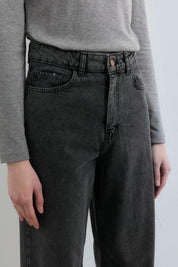 Bol Paça Yüksek Bel Kot Denim Pantolon - Siyah