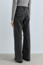 Bol Paça Yüksek Bel Kot Denim Pantolon - Siyah