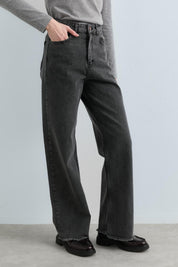 Bol Paça Yüksek Bel Kot Denim Pantolon - Siyah