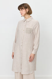 Linen-Look Tunic with Embroidered Lace Details - Light Brown