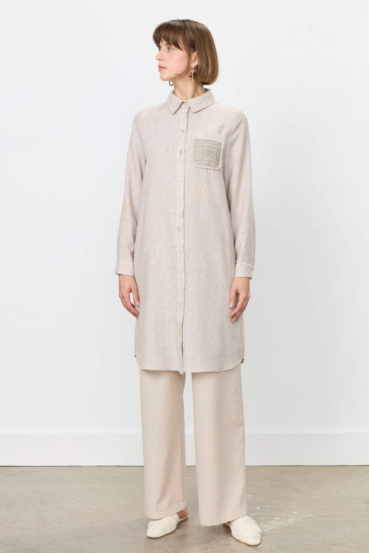 Linen-Look Tunic with Embroidered Lace Details - Light Brown