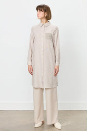 Linen-Look Tunic with Embroidered Lace Details - Light Brown