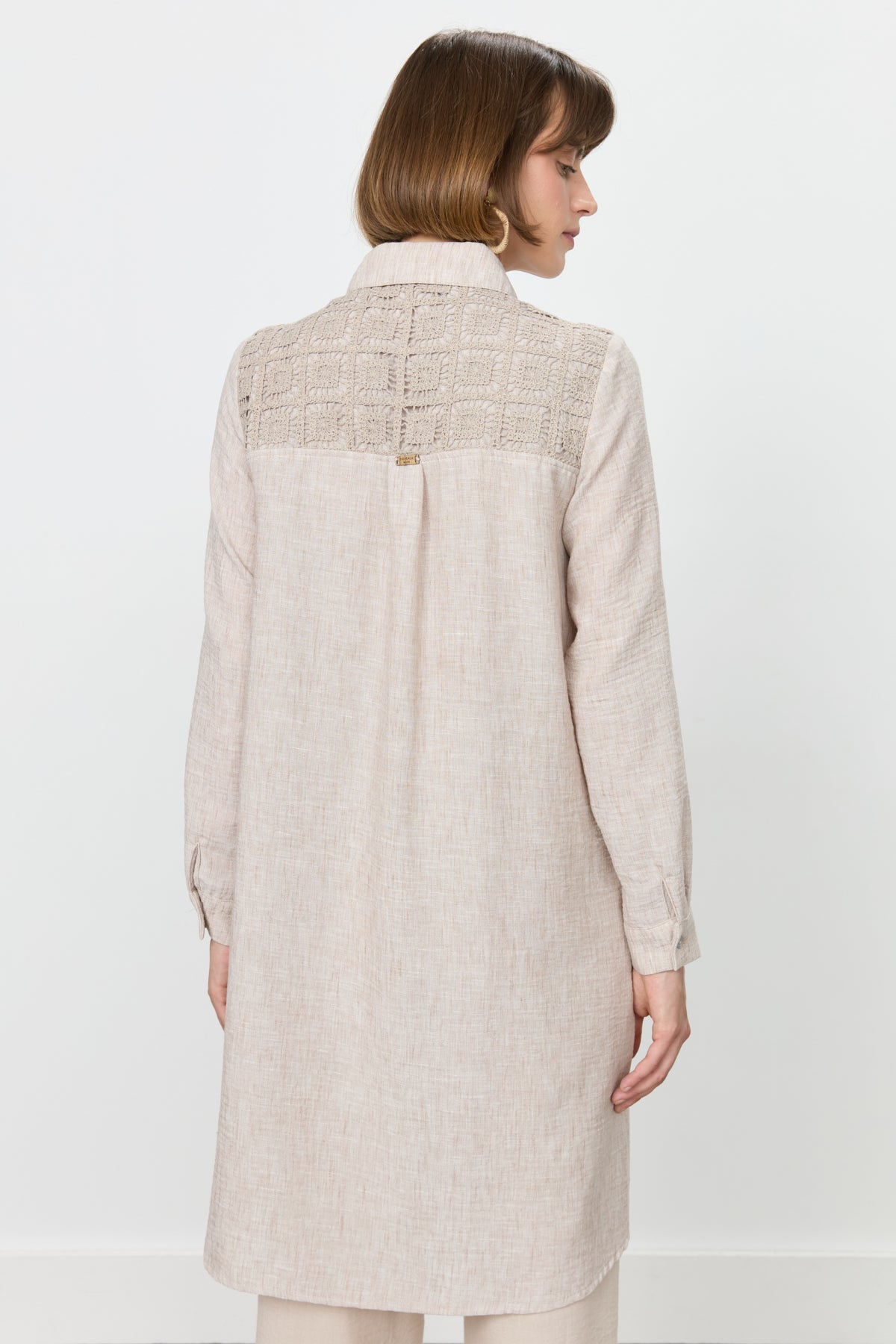 Linen-Look Tunic with Embroidered Lace Details - Light Brown