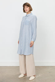 Linen-Look Tunic with Embroidered Lace Details - Indigo