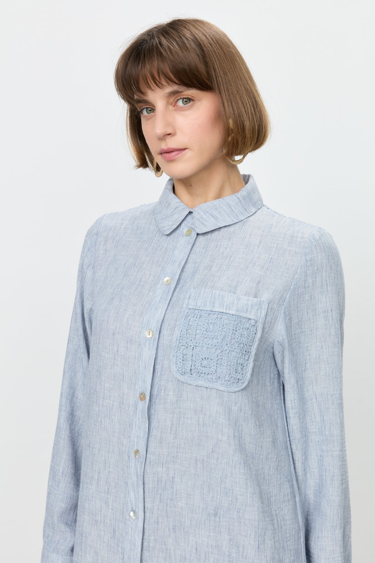 Linen-Look Tunic with Embroidered Lace Details - Indigo