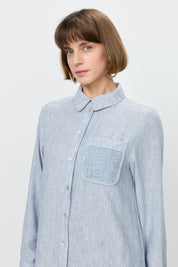 Linen-Look Tunic with Embroidered Lace Details - Indigo
