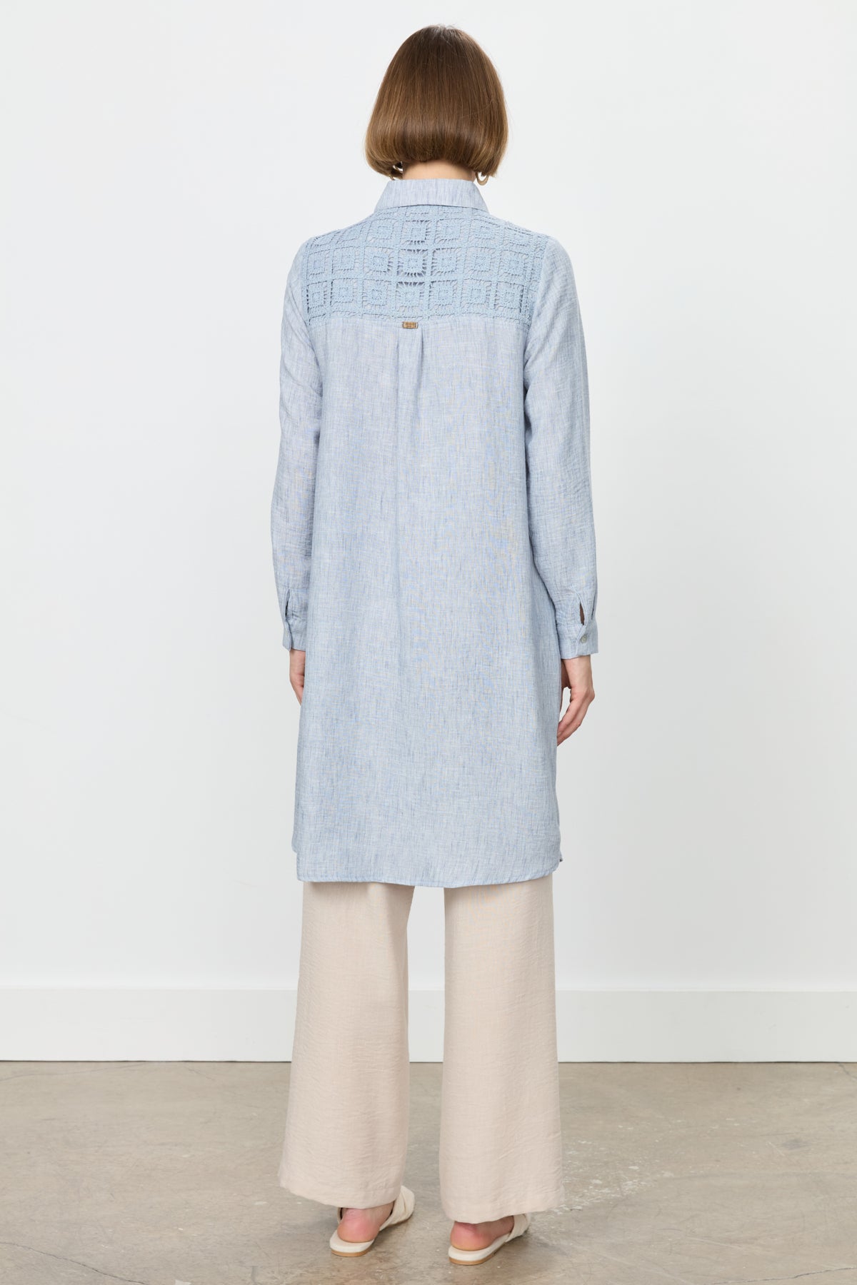 Linen-Look Tunic with Embroidered Lace Details - Indigo