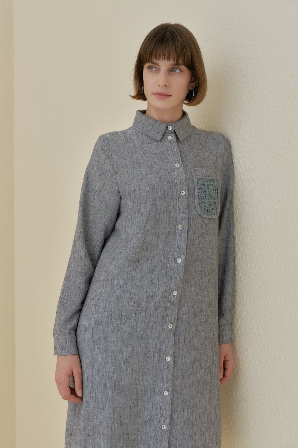 Linen-Look Tunic with Embroidered Lace Details - Black