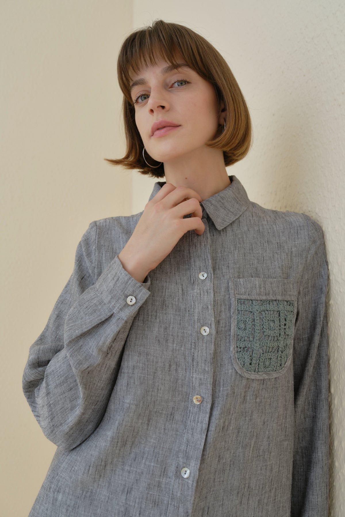 Linen-Look Tunic with Embroidered Lace Details - Black
