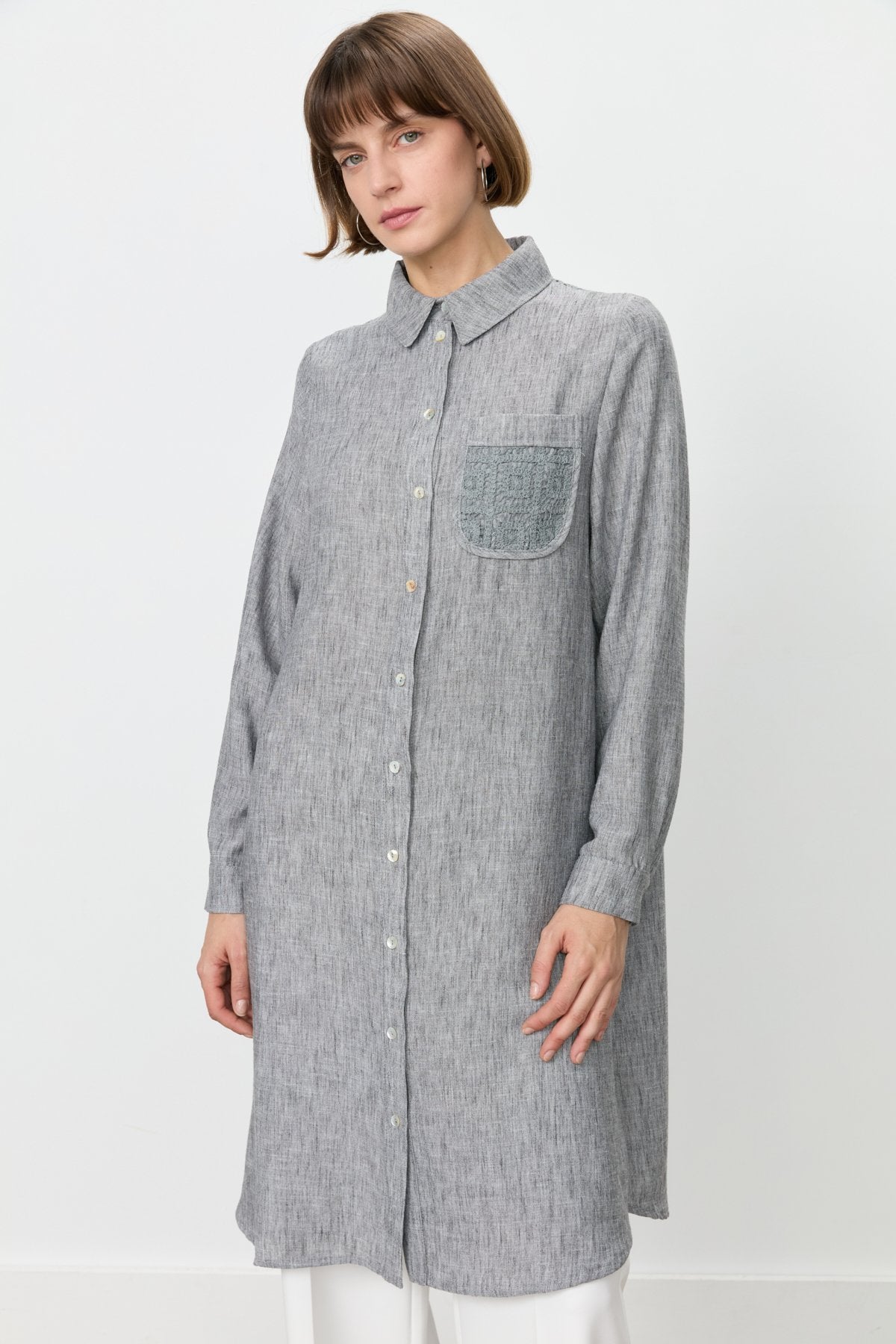 Linen-Look Tunic with Embroidered Lace Details - Black