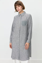 Linen-Look Tunic with Embroidered Lace Details - Black