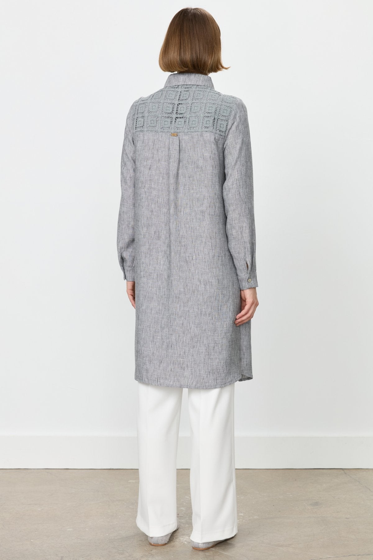 Linen-Look Tunic with Embroidered Lace Details - Black