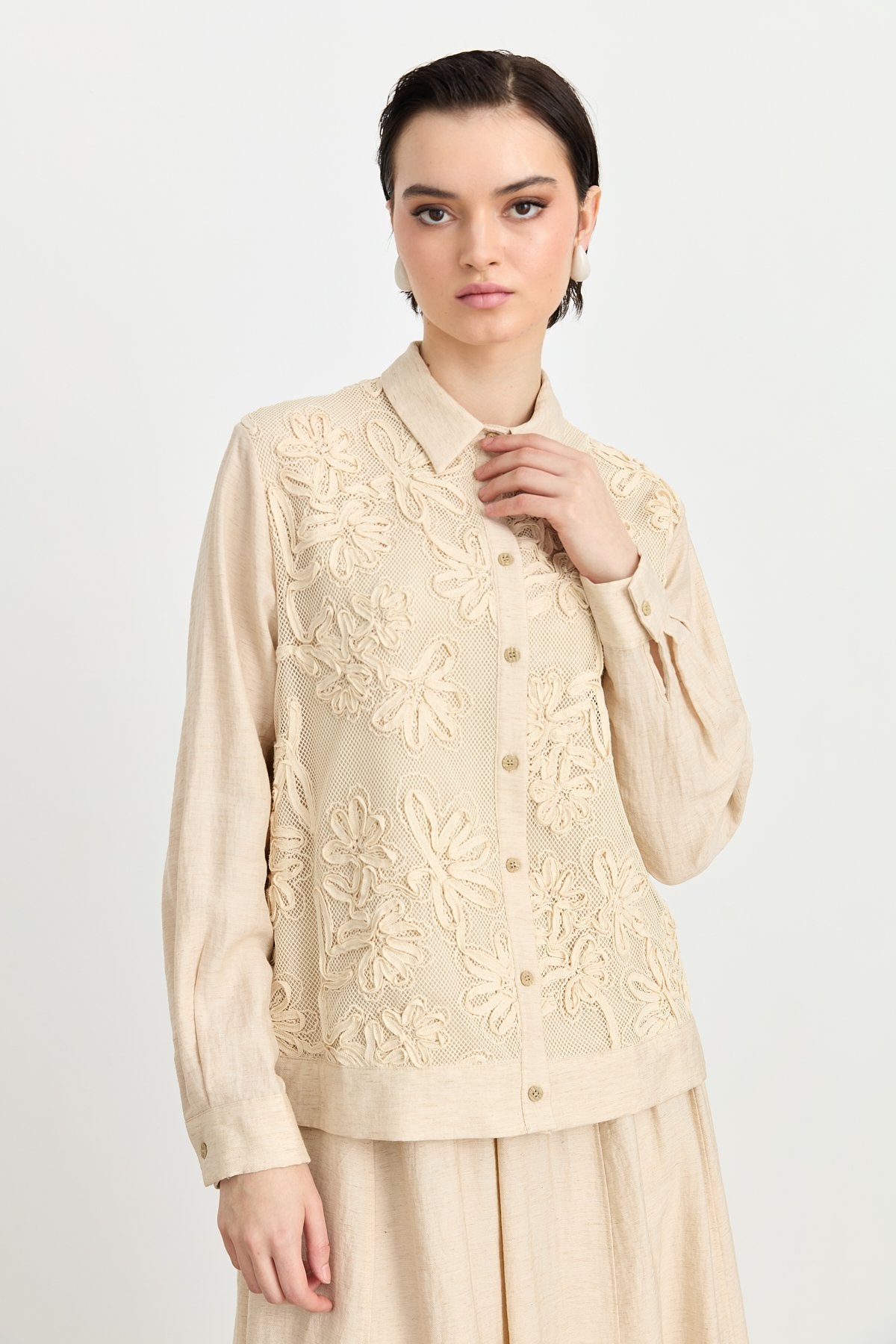 Embroidered Detail Skirt and Jacket Linen Set - Beige