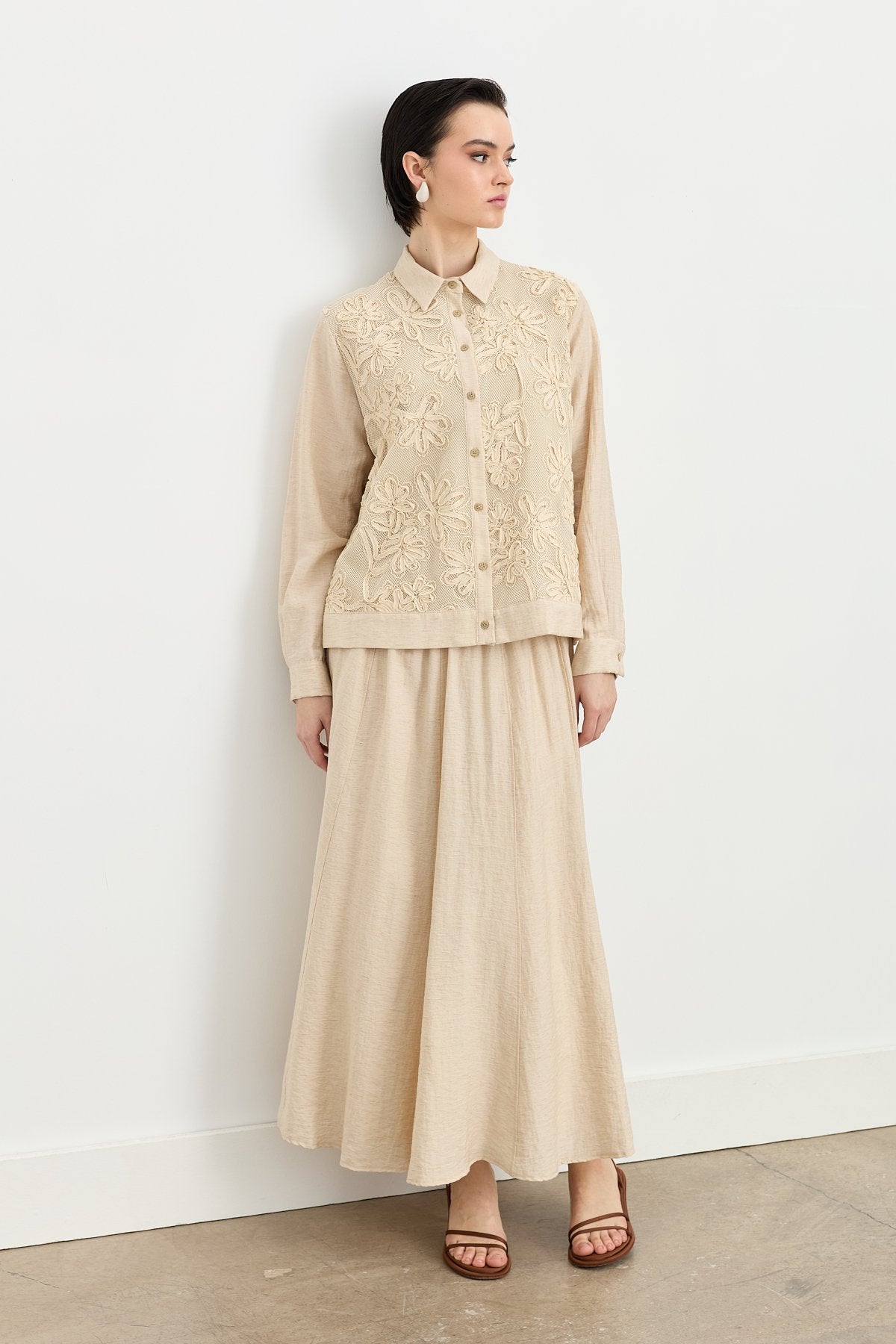 Embroidered Detail Skirt and Jacket Linen Set - Beige