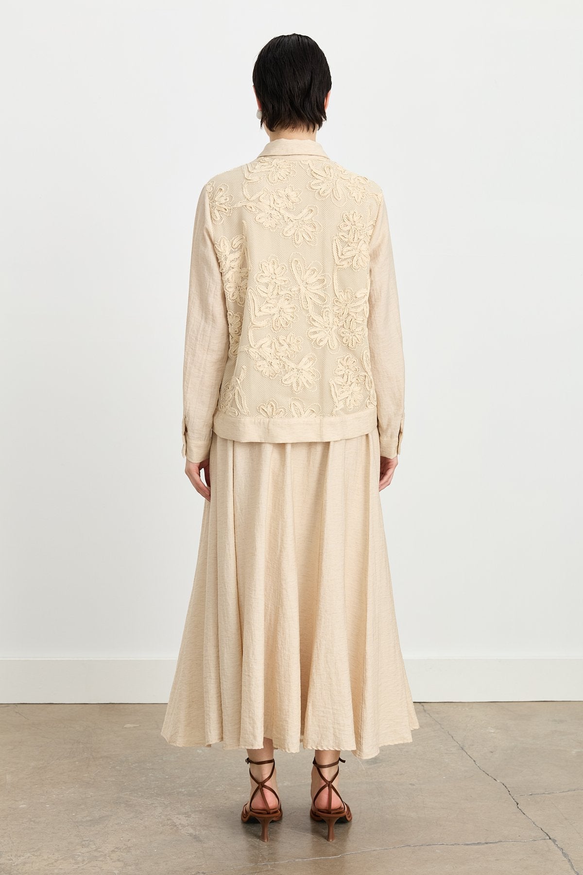 Embroidered Detail Skirt and Jacket Linen Set - Beige