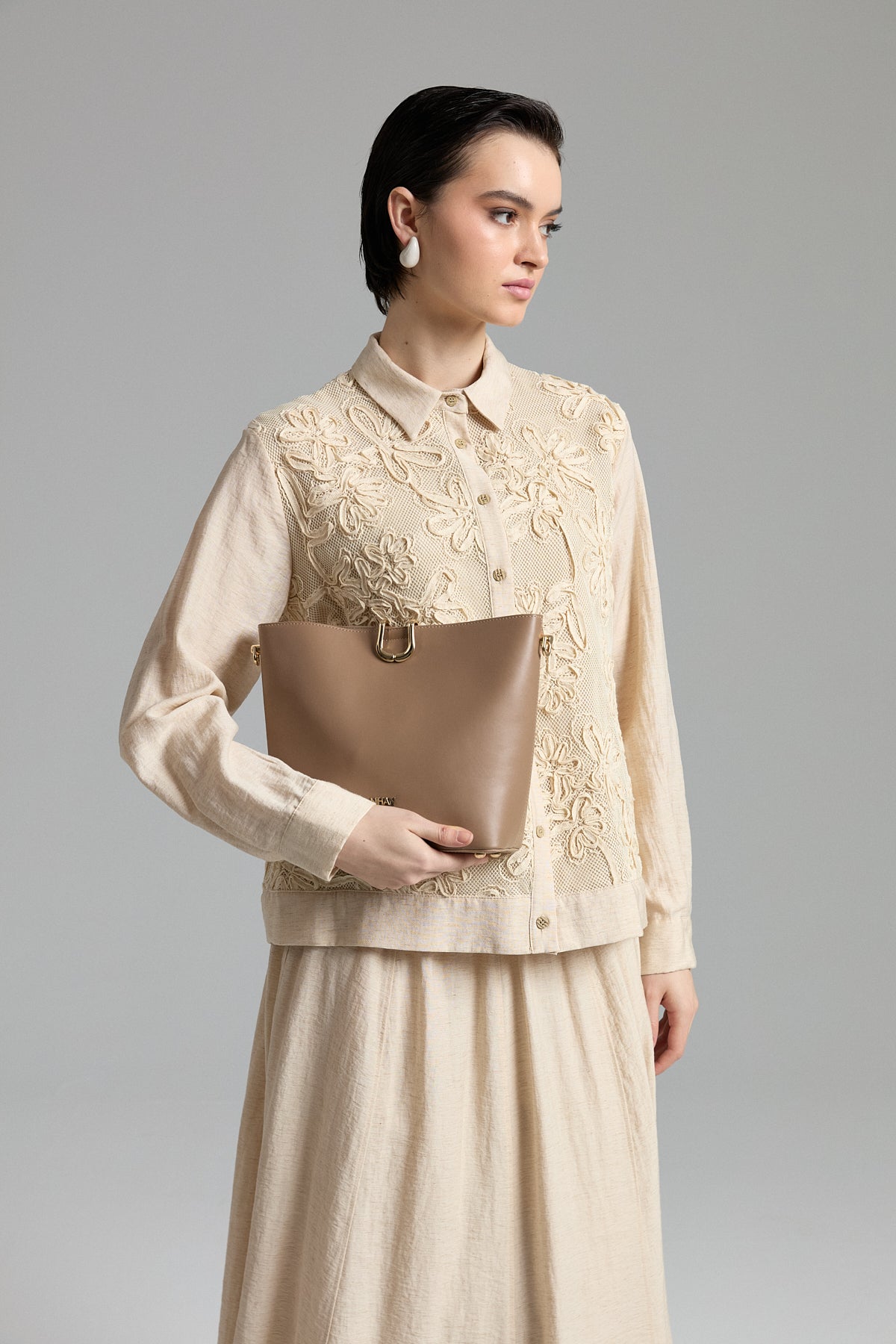 Embroidered Detail Skirt and Jacket Linen Set - Beige