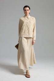 Embroidered Detail Skirt and Jacket Linen Set - Beige