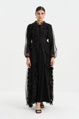Broş Detaylı Elbiseli Abaya Takım - Siyah