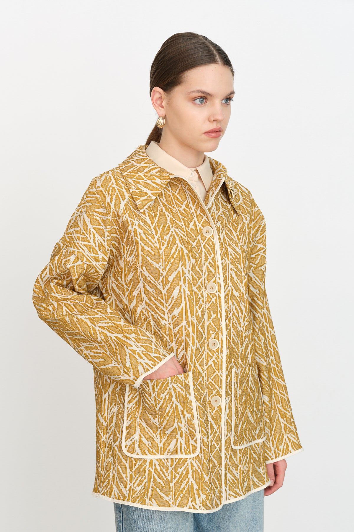 Brooch Detail Jacquard Jacket - Mustard