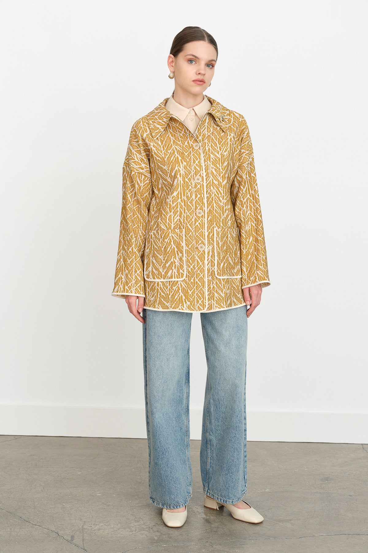 Brooch Detail Jacquard Jacket - Mustard