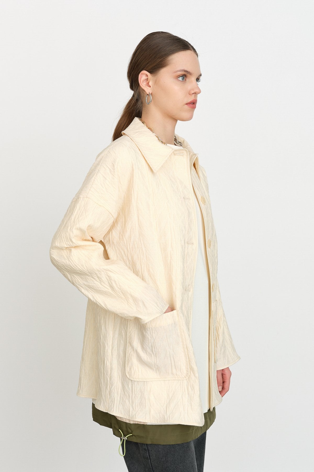 Jacquard Jacket with Brooch Detail - Cream