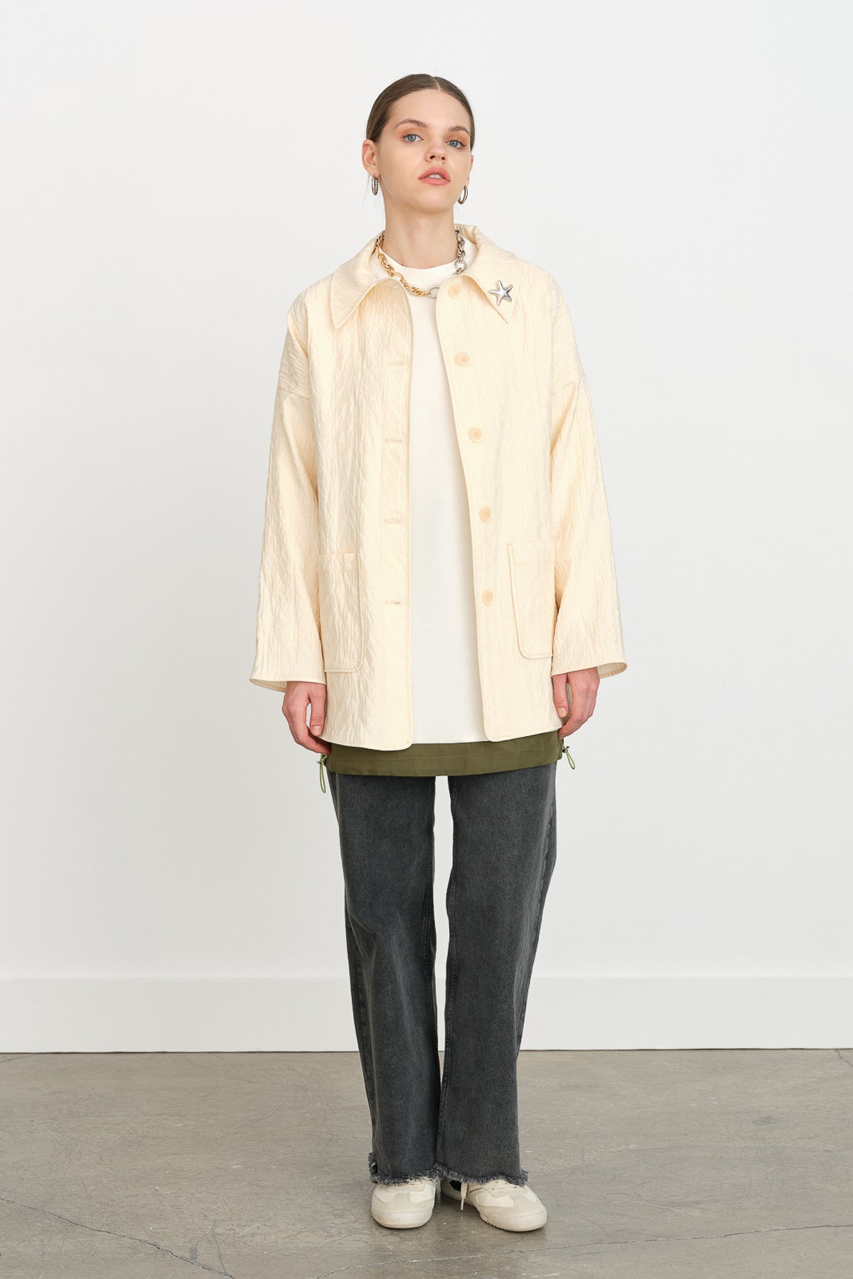Jacquard Jacket with Brooch Detail - Cream