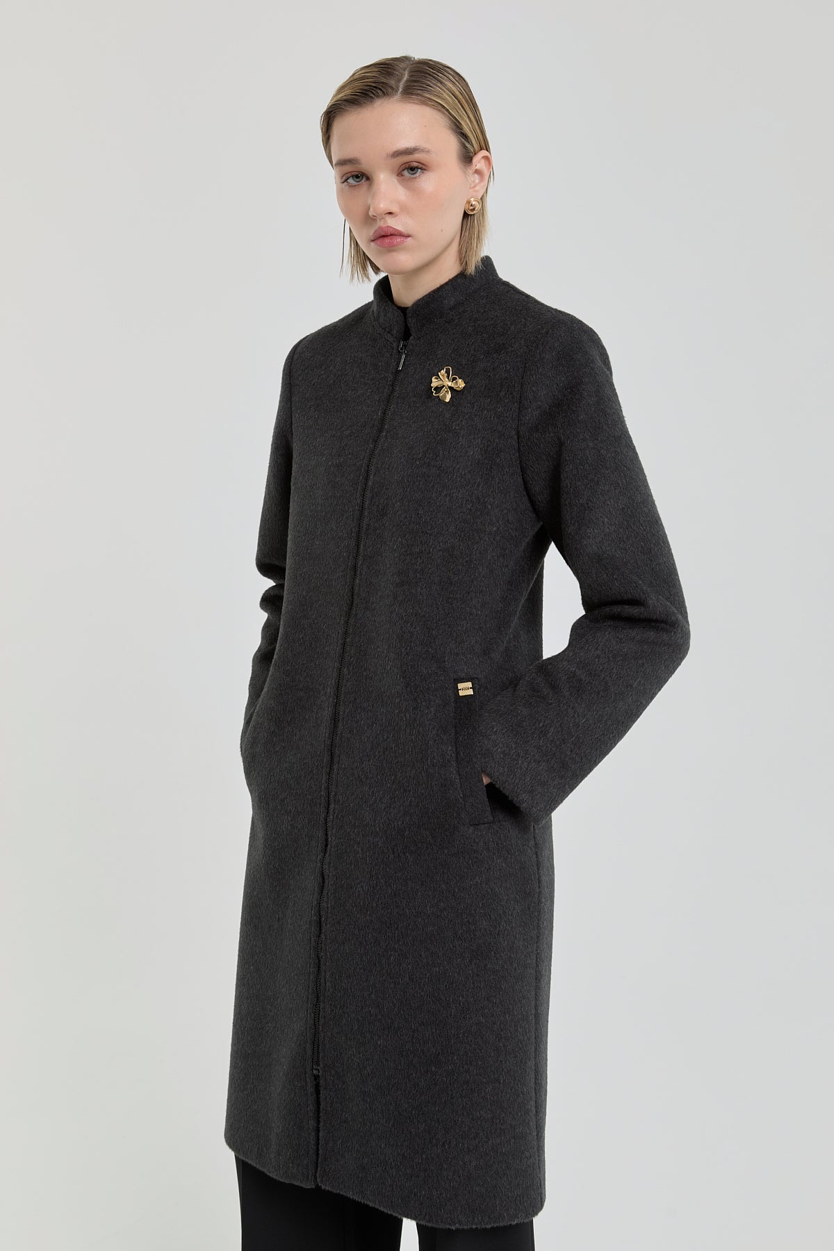 Brooch Detail Coat - Anthracite