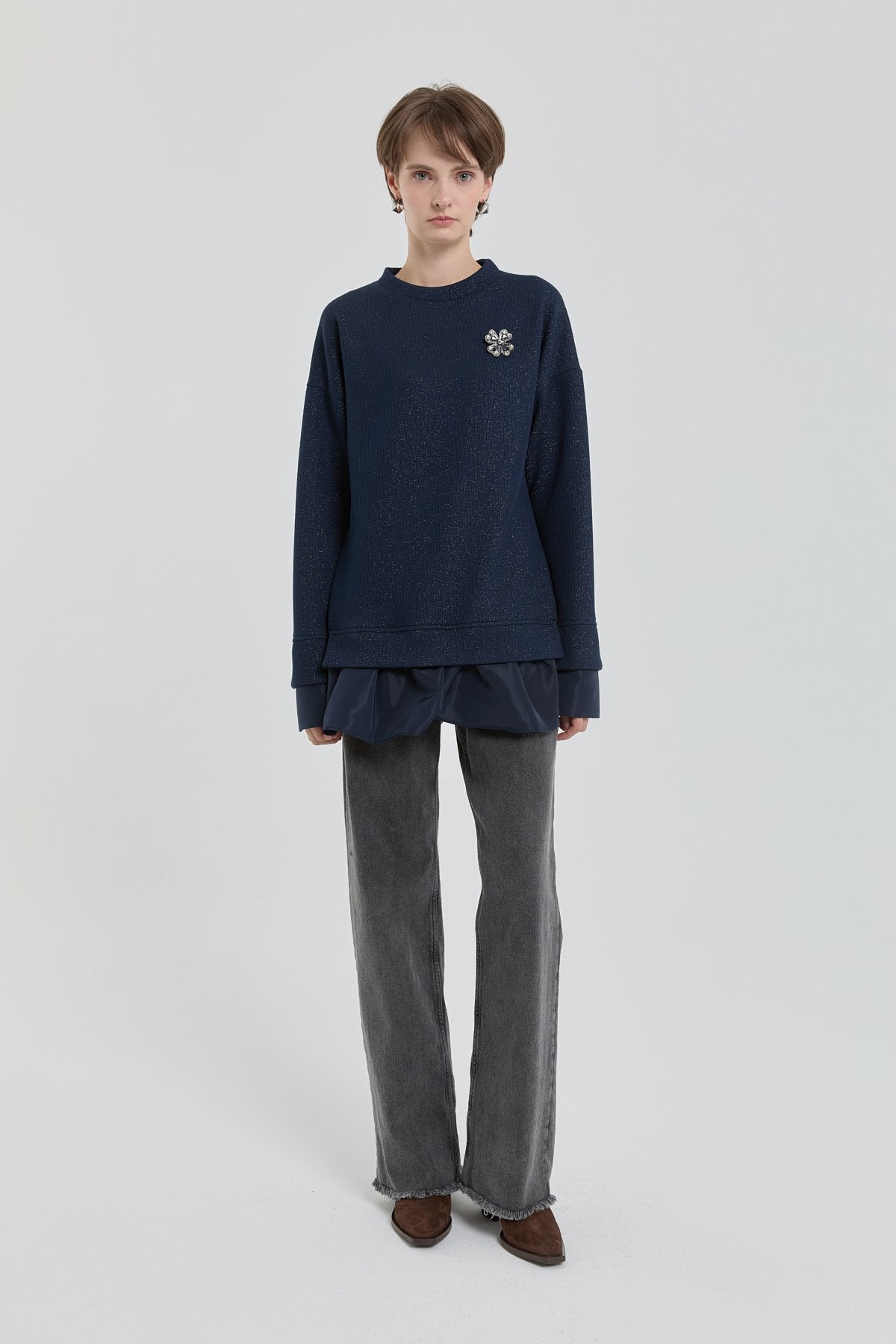 Sparkly Knitted Tunic with Brooch Detail - Navy