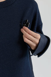 Sparkly Knitted Tunic with Brooch Detail - Navy