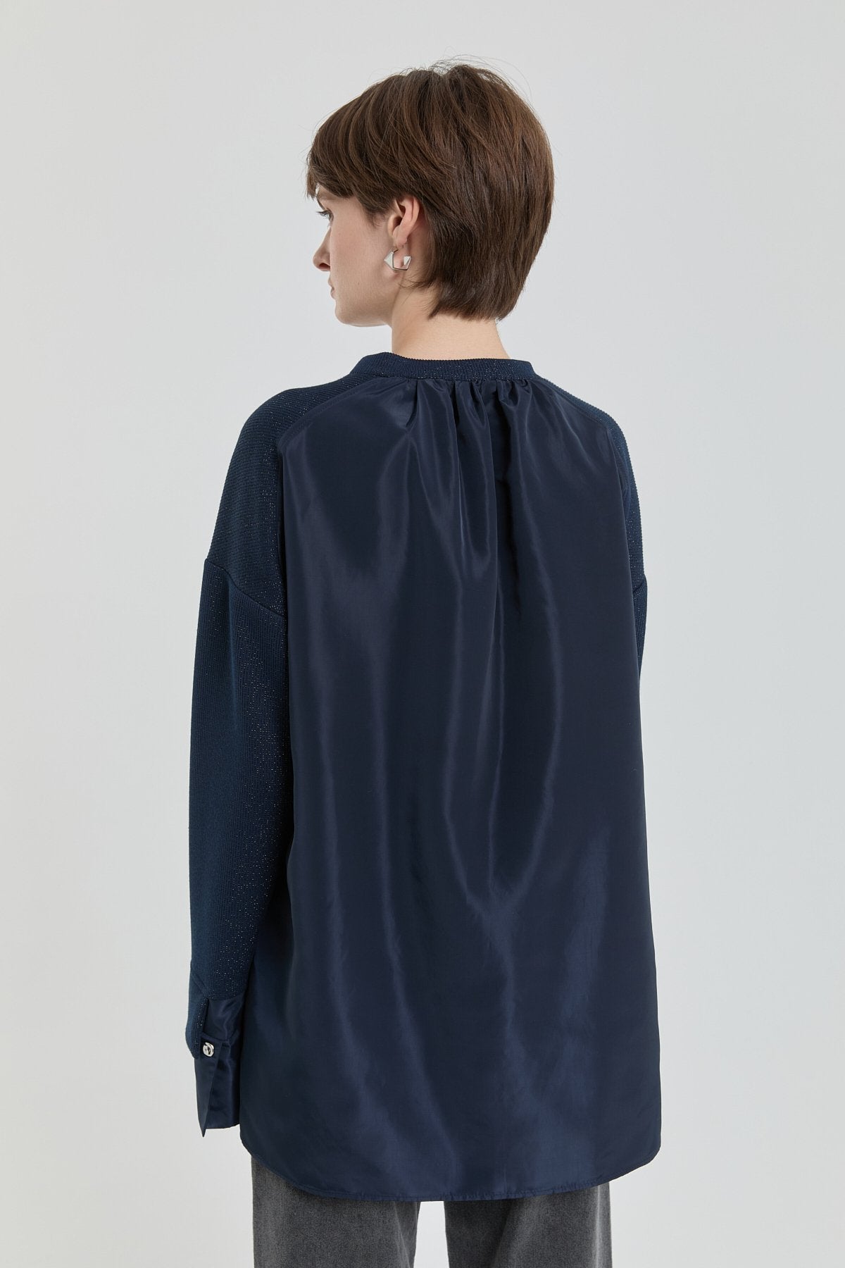 Sparkly Knitted Tunic with Brooch Detail - Navy