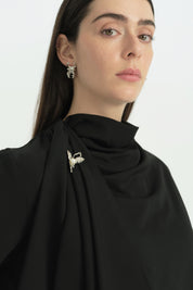 Brooch and Ruffle Skirt Blouse Stylish Set - Black
