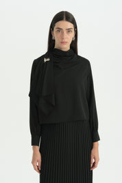 Brooch and Ruffle Skirt Blouse Stylish Set - Black