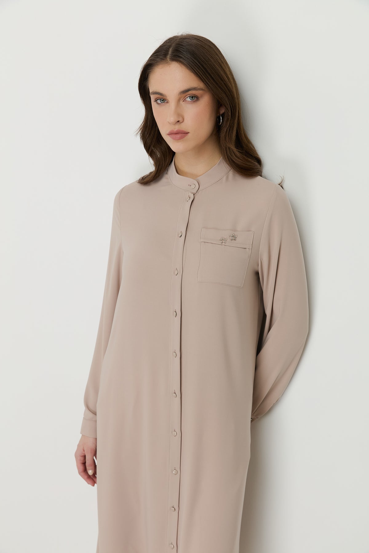 Plus Size Basic Tunic with Accessory Detail - Beige
