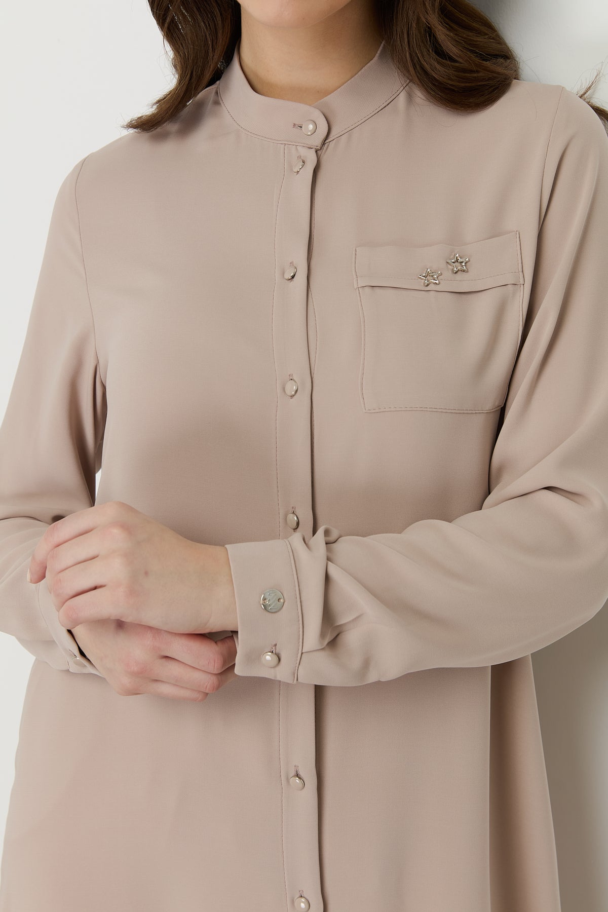 Plus Size Basic Tunic with Accessory Detail - Beige