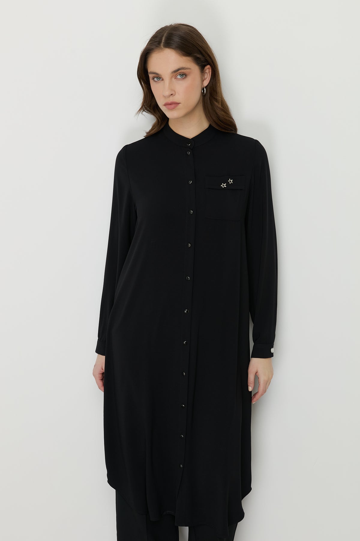 Plus Size Basic Tunic with Accessory Detail - Black