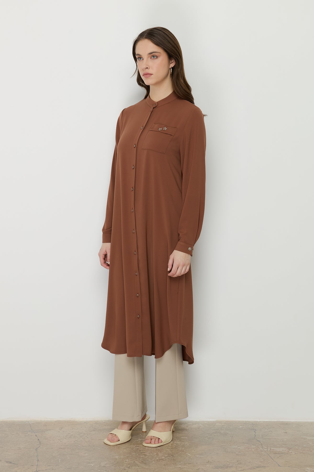 Plus Size Basic Tunic with Accessory Detail - Tan