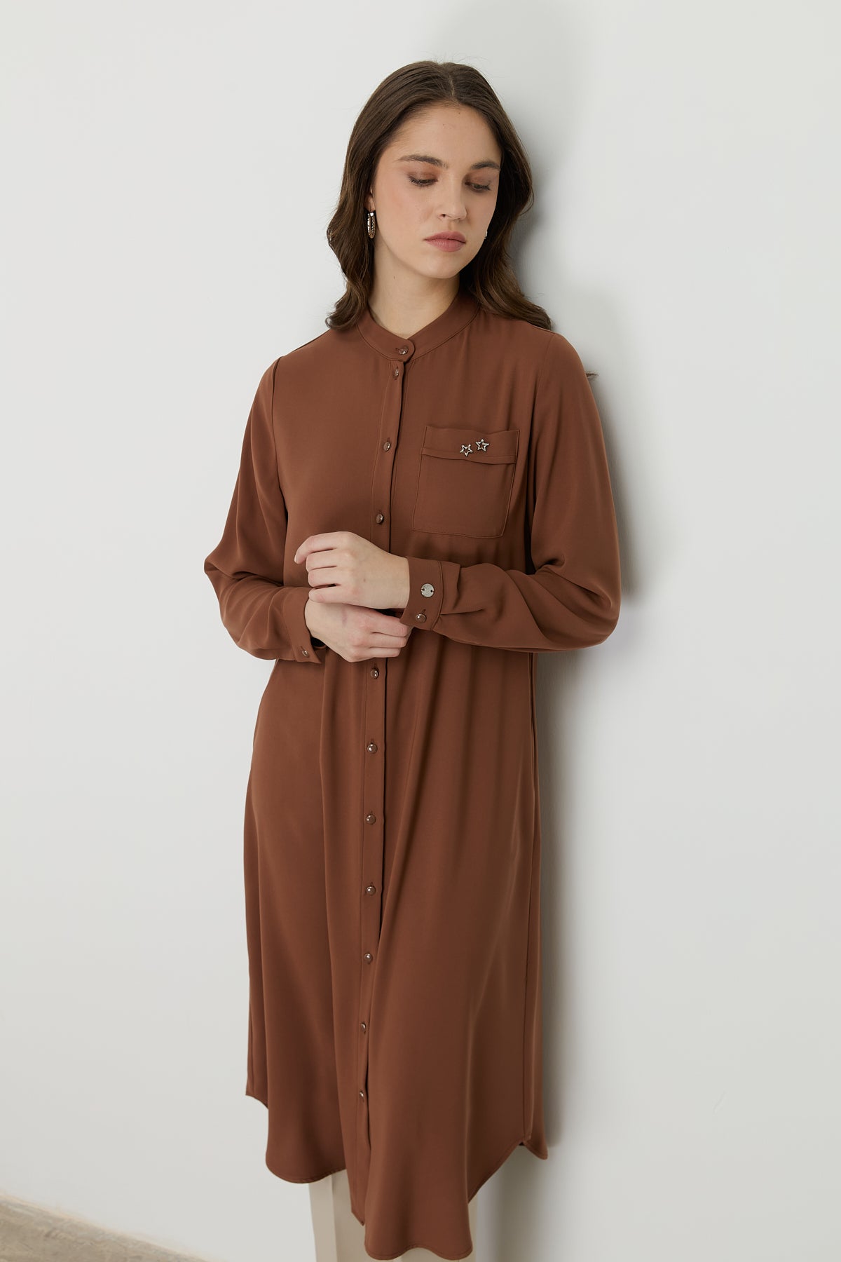 Plus Size Basic Tunic with Accessory Detail - Tan