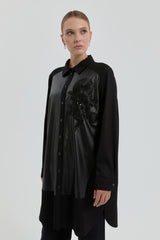 Plus Size Tunic with Bead and Leather Details - Black