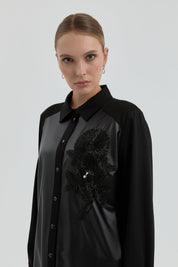 Plus Size Tunic with Bead and Leather Details - Black