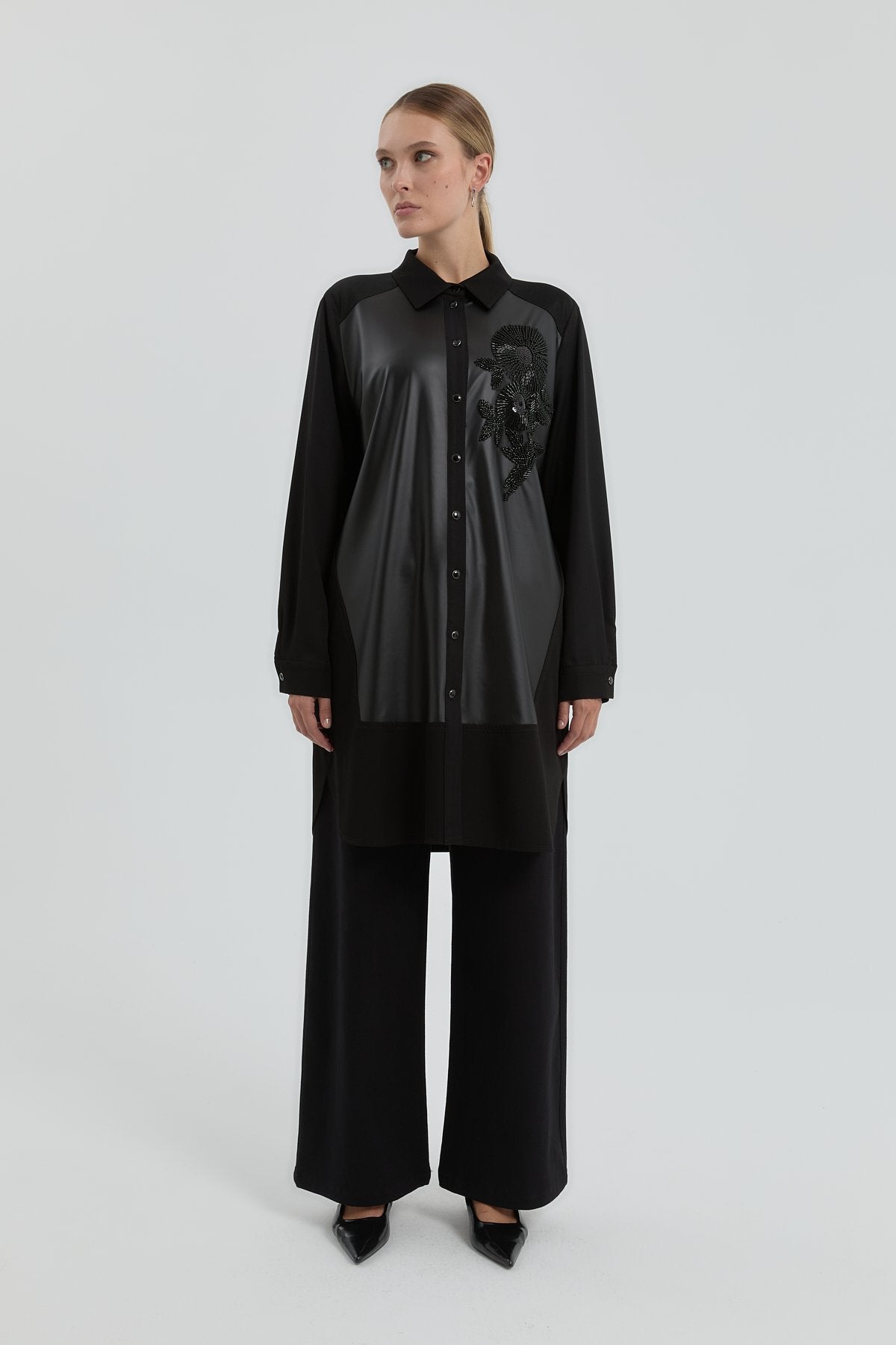 Plus Size Tunic with Bead and Leather Details - Black