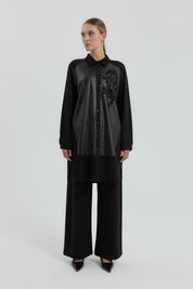 Plus Size Tunic with Bead and Leather Details - Black