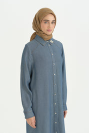 Büyük Beden Broş Detaylı Tencel Tunik - İndigo