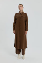 Plus Size Collared Long Modal Tunic - Light Brown