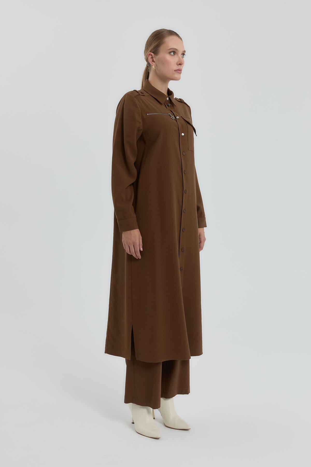 Plus Size Collared Long Modal Tunic - Light Brown