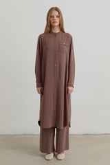 Plus Size Mandarin Collar Basic Tunic - Light Brown