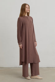 Plus Size Mandarin Collar Basic Tunic - Light Brown