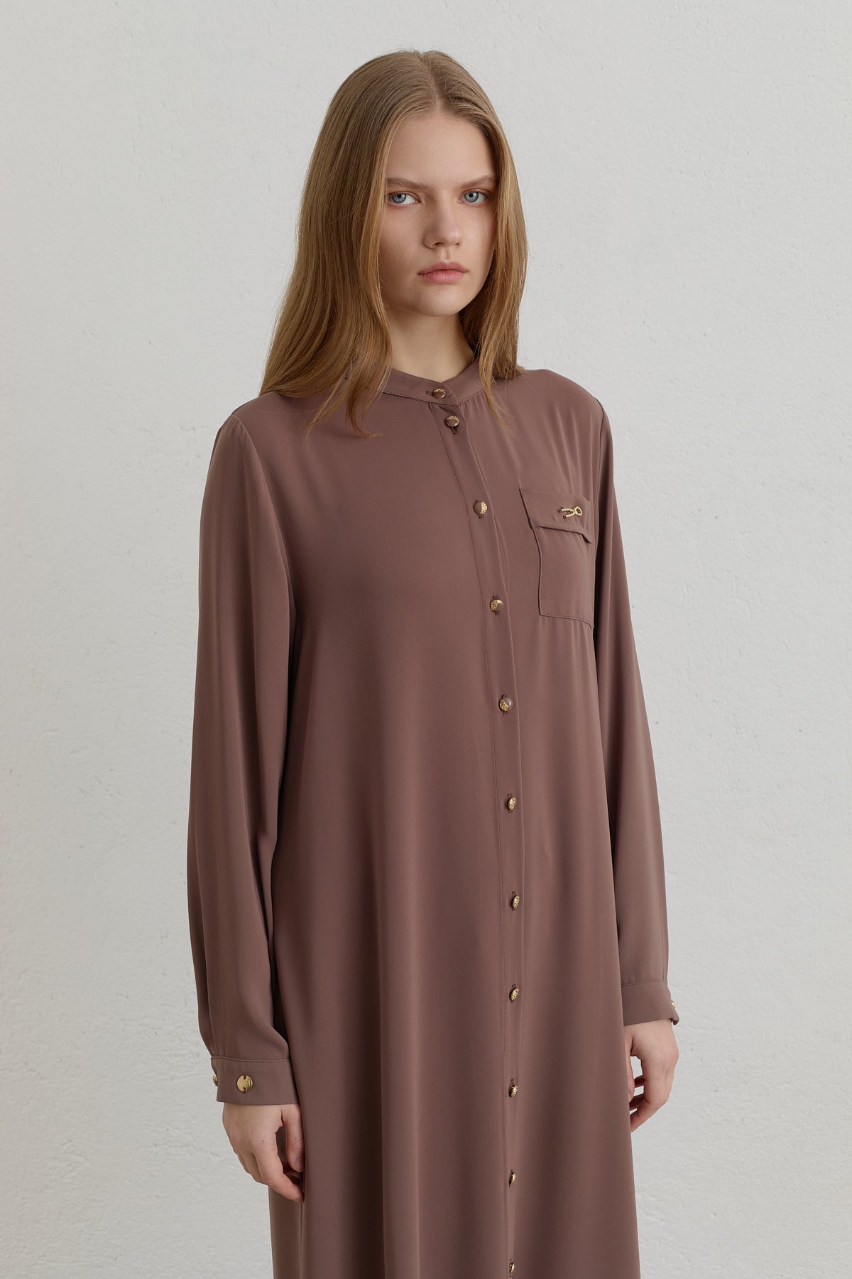 Plus Size Mandarin Collar Basic Tunic - Light Brown